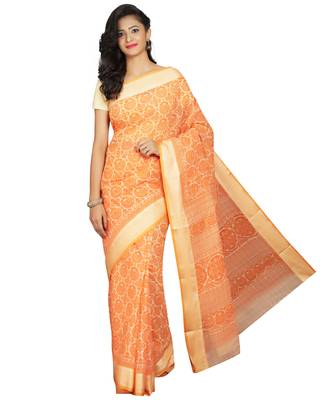 Orange printed cotton saree with blouse 1