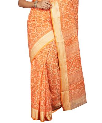 Orange printed cotton saree with blouse 4