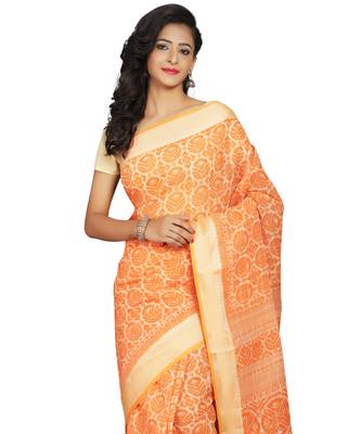 Orange printed cotton saree with blouse 5