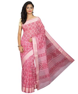 Pink printed cotton saree with blouse 1