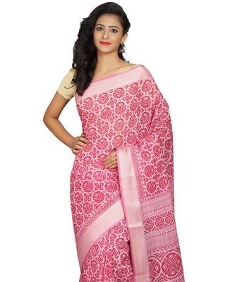 Pink printed cotton saree with blouse 5