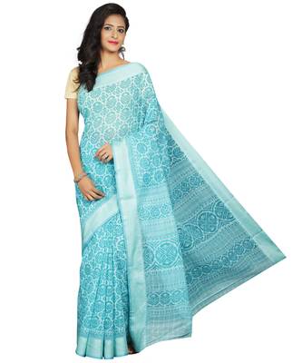 Blue printed cotton saree with blouse 1