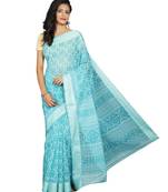 Blue printed cotton saree with blouse