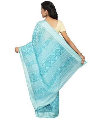 Blue printed cotton saree with blouse 2