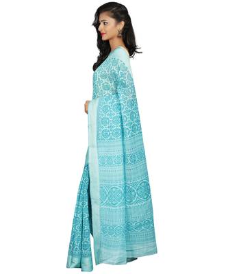 Blue printed cotton saree with blouse 3