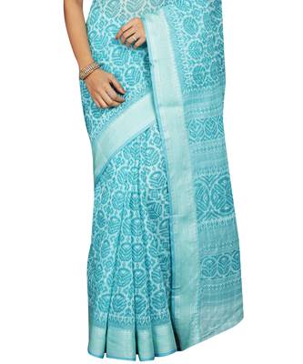 Blue printed cotton saree with blouse 4