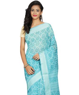 Blue printed cotton saree with blouse 5