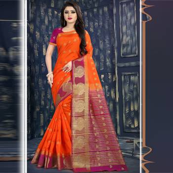 Orange woven tussar silk saree with blouse 1