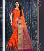 Orange woven tussar silk saree with blouse