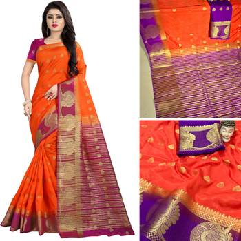Orange woven tussar silk saree with blouse 2
