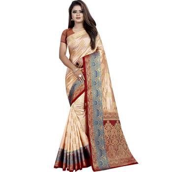 Cream woven tussar silk saree with blouse 1