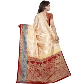 Cream woven tussar silk saree with blouse 2
