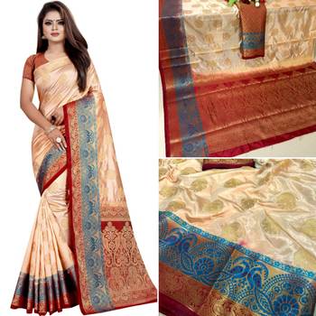 Cream woven tussar silk saree with blouse 3