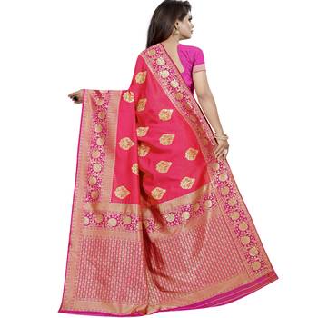 Dark peach woven art silk saree with blouse 2