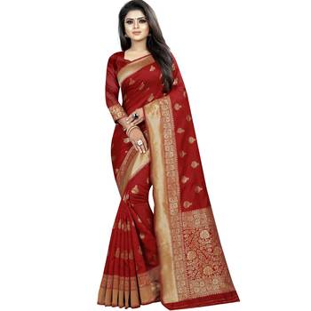 Red woven art silk saree with blouse 1