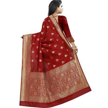 Red woven art silk saree with blouse 2