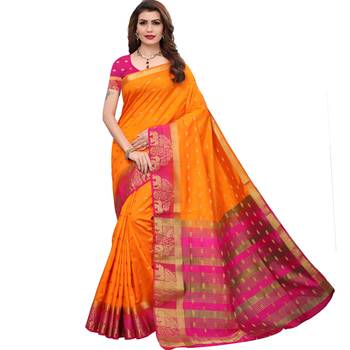 Orange woven tussar silk saree with blouse 1
