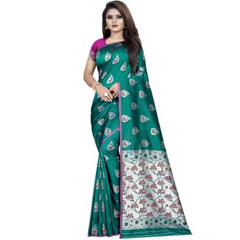 Teal woven art silk saree with blouse 1