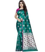 Teal woven art silk saree with blouse