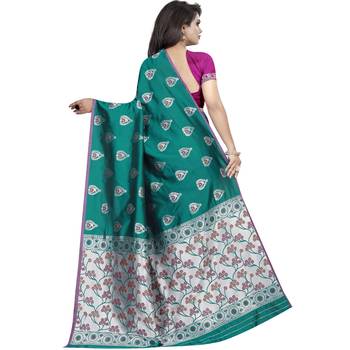 Teal woven art silk saree with blouse 2