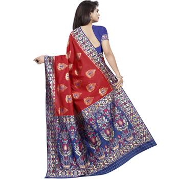 Red woven art silk saree with blouse 2