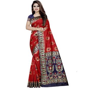 Red woven art silk saree with blouse 1