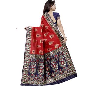 Red woven art silk saree with blouse 2
