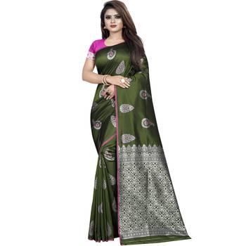 Dark green woven art silk saree with blouse 1