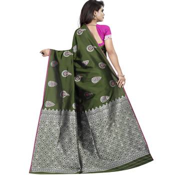Dark green woven art silk saree with blouse 2