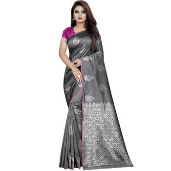 Grey woven art silk saree with blouse 1