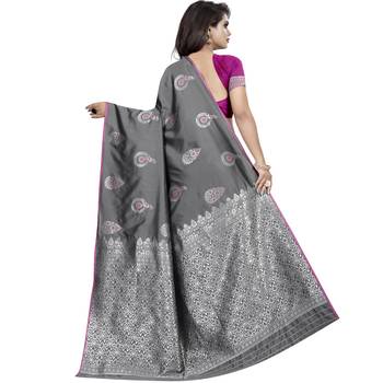 Grey woven art silk saree with blouse 2