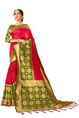 Pink woven art silk saree with blouse 1