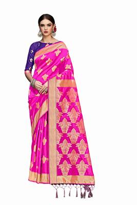Pink woven art silk saree with blouse 1