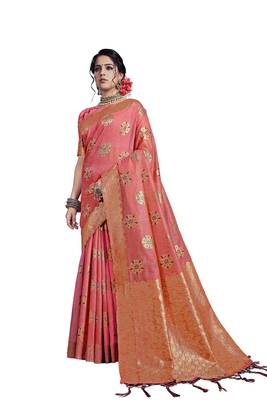 Pink woven art silk saree with blouse 1