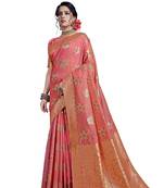 Pink woven art silk saree with blouse