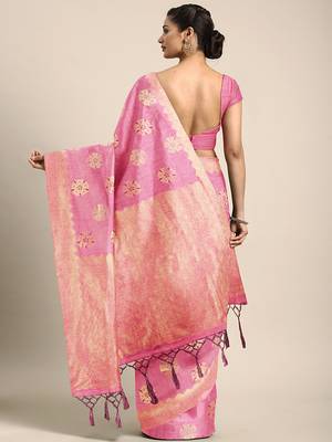 Pink woven art silk saree with blouse 2