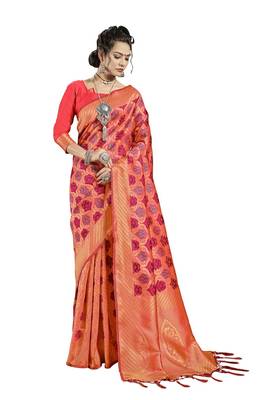 orange woven art silk saree with blouse 1