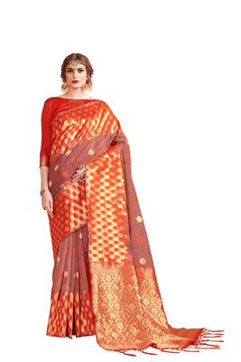 Orange woven art silk saree with blouse 1