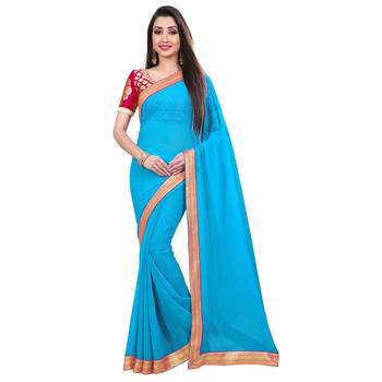 Sky blue plain georgette saree with blouse 1