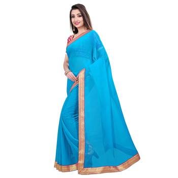 Sky blue plain georgette saree with blouse 2
