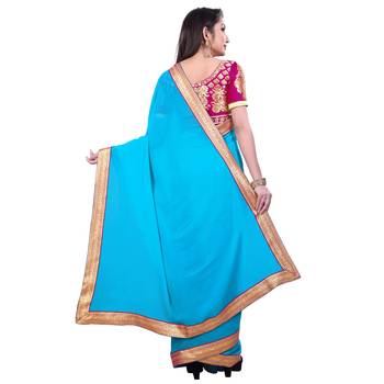 Sky blue plain georgette saree with blouse 3