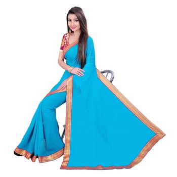 Sky blue plain georgette saree with blouse 4