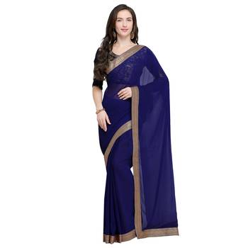 Navy blue plain georgette saree with blouse 1