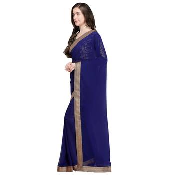 Navy blue plain georgette saree with blouse 2