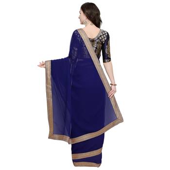 Navy blue plain georgette saree with blouse 3