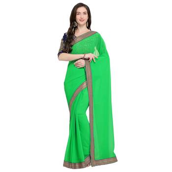 Green plain georgette saree with blouse 1