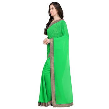 Green plain georgette saree with blouse 2