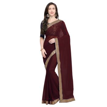 Maroon plain georgette saree with blouse 1
