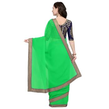 Green plain georgette saree with blouse 3