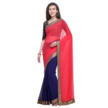 Pink plain georgette saree with blouse 1